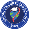 Kindness Certified School Seal Logo showing a dove and the earth in the shape of a heart with a ribbon