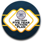 Five Year Action Plan Logo - Featuring a navy back ground with golden rounded triangle that form a shape with the 5 year action plan spelled inside.