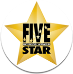 5 Star Award Logo - Showcasing a white circle with a big gold star with the word 5 star in the middle of it.