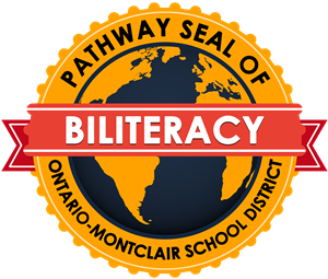 OMSD Pathway Seal of Biliteracy Program Logo - Golden border with accents and an image of the world in gold and navy. With a red ribbon going across the globe