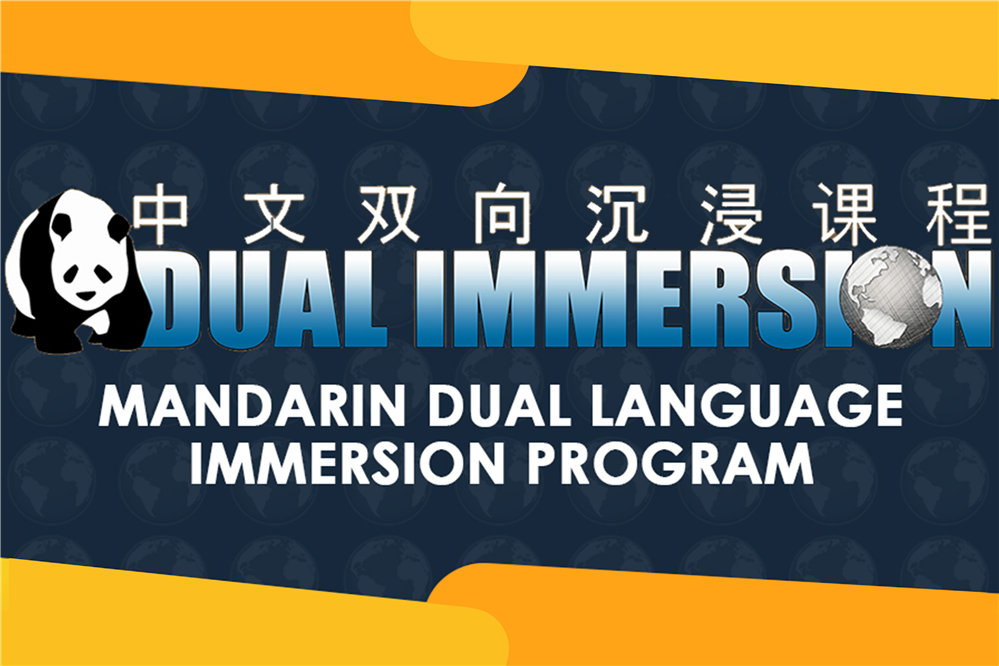 Rectangle with bold gold/navy background with textures behind. Mandarin Dual Language Immersion Prgm